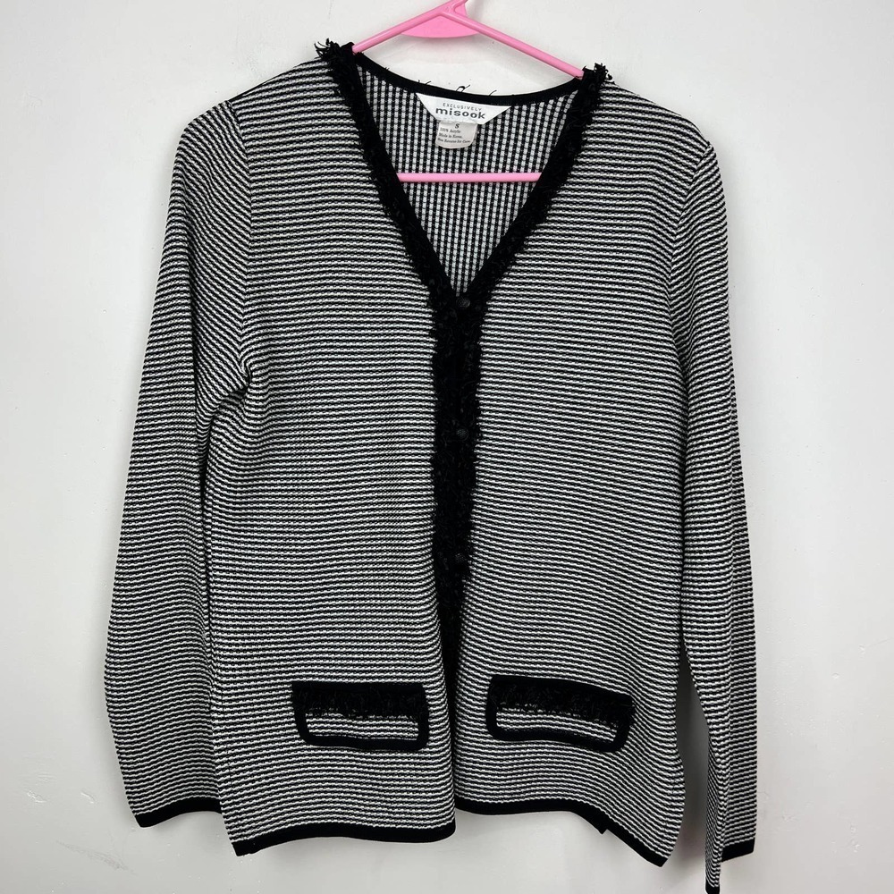 Exclusively Misook Black & White Button Up Fringe Detailed Cardigan Blazer S